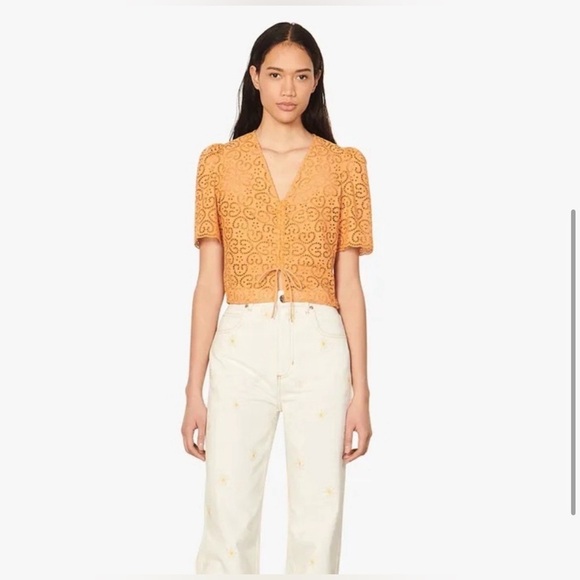 Sandro Livio Tie Front Drawstring V Neck Slim Fit Blouse Orange Size 2-4 US - Picture 3 of 12